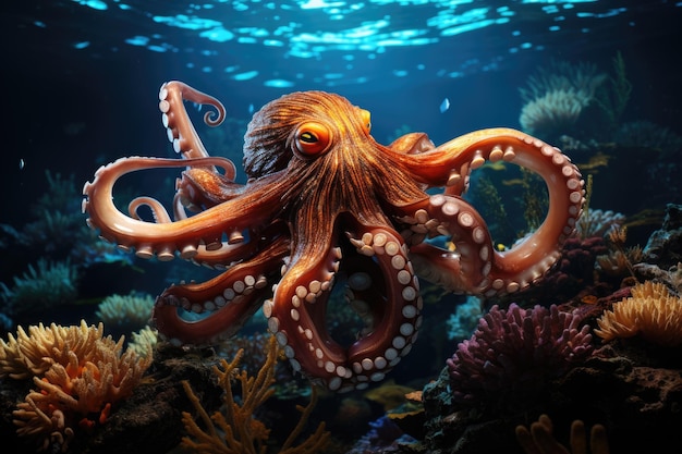 Giant octopus emerges between colorful reefs under sun rays generative IA