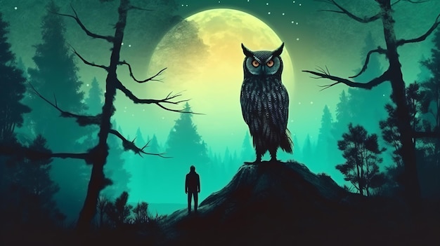 the giant owl and its owner standing on a branch