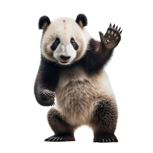 Giant panda saying hello with its left paw, standing