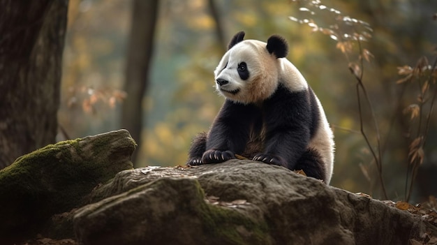 A giant panda sits on a tree branch in a forest.