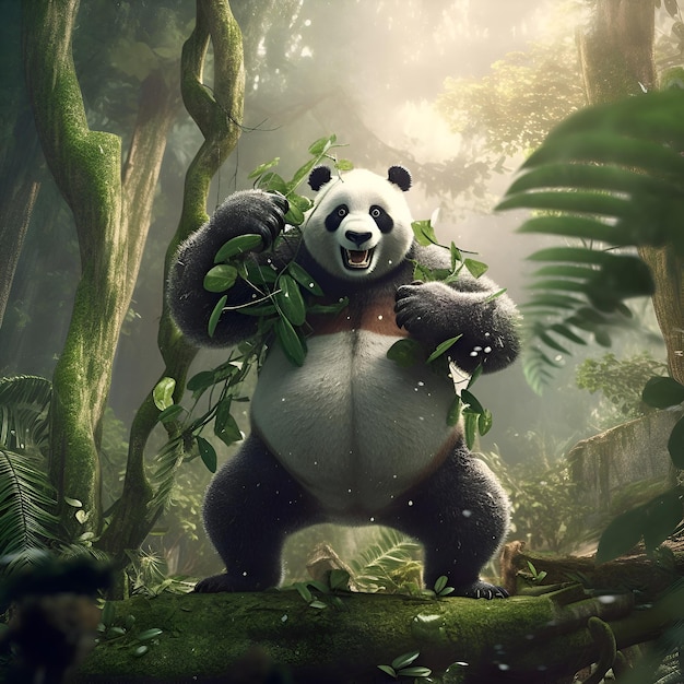 Giant panda with green leaves in the jungle 3d illustration