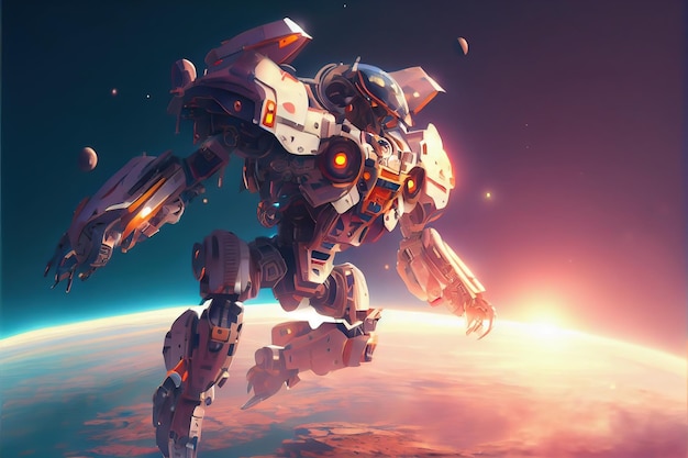 A giant robot flying in space Planet background Fantasy