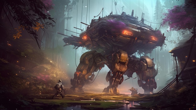 A giant robot in a forest with a man in a suit.