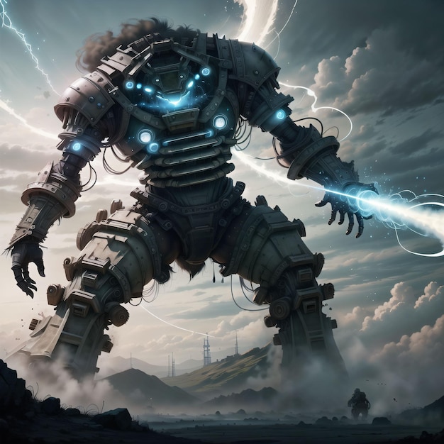 A giant robot is in the clouds with a lightning bolt on it.