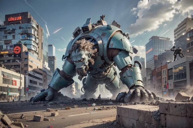 A giant robot is surrounded by a cityscape.