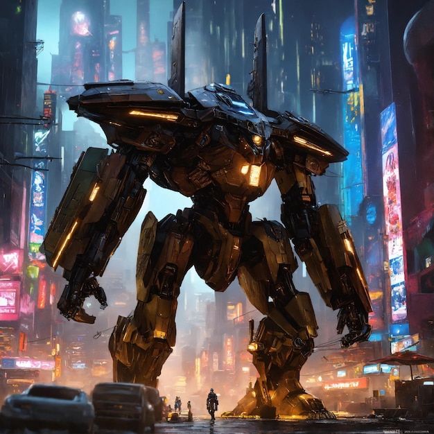 a giant robot stands in front of a building with a man walking in the background