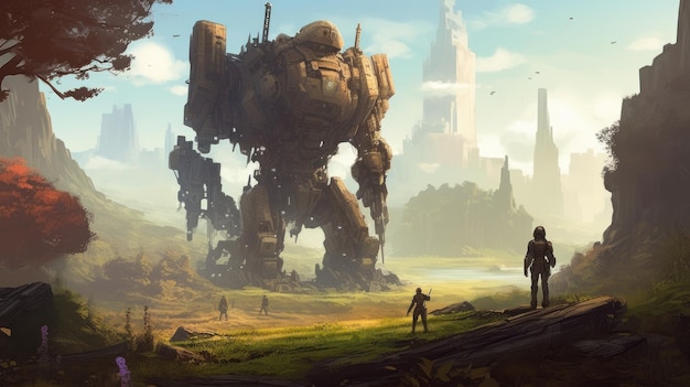 A giant robot stands in front of a large statue in a field.