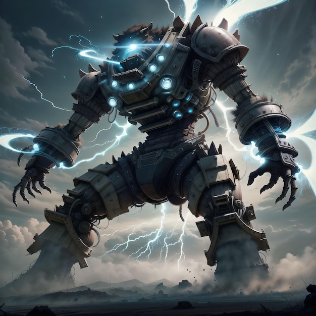 A giant robot with a blue face and a lightning bolt on its head