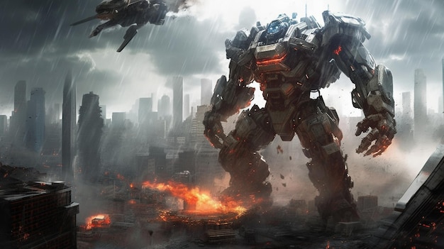 A giant robot with a city in the background