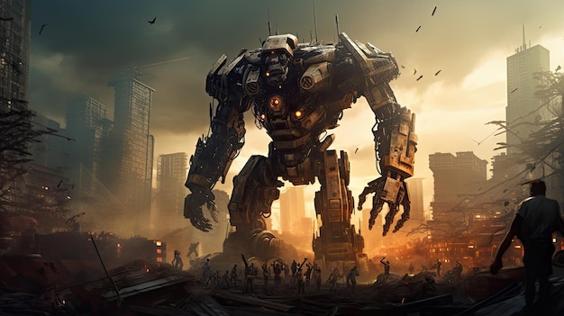 Giant robots in a postapocalyptic city