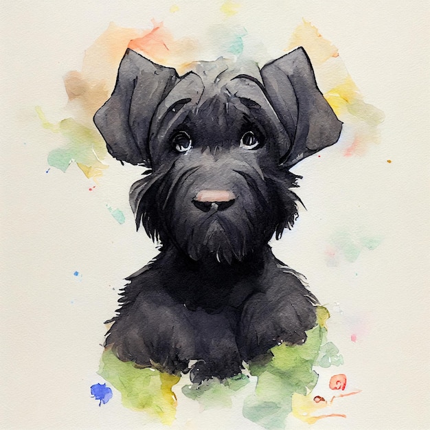 Giant Schnauzer. Adorable puppy dog. Watercolor illustration with color spots. All dog breeds