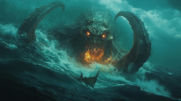 A giant sea monster rises from the depths its massive form casting a shadow over a small boat in the churning ocean