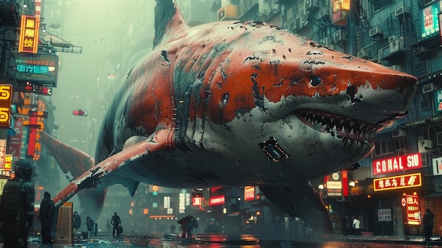 Giant Shark in a Cyberpunk City