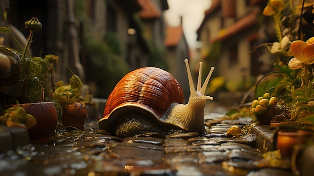 A giant slug makes its way along cobblestones creating a whimsical and surreal scene