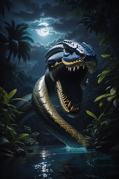 giant snake creature emerging from water jungle moonlight nighttime digital painting