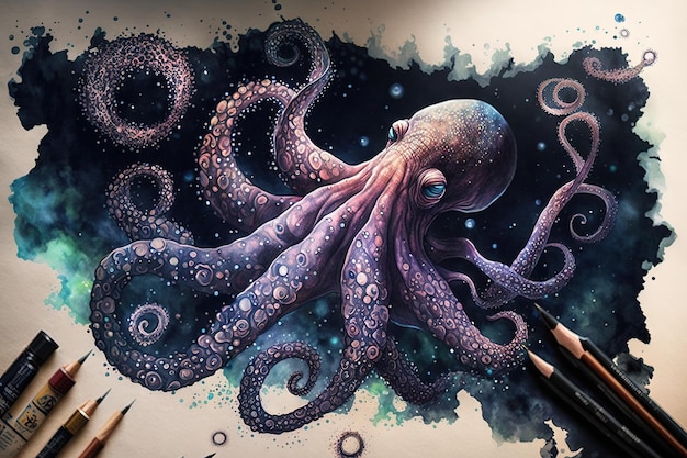 Giant space octopus with tentacles reaching across the galaxy using its ink to create new stars and planets illustration generative ai