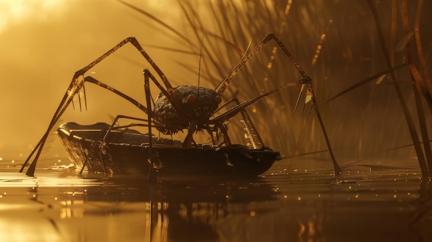 A giant spider is eating a frog in the middle of a pond