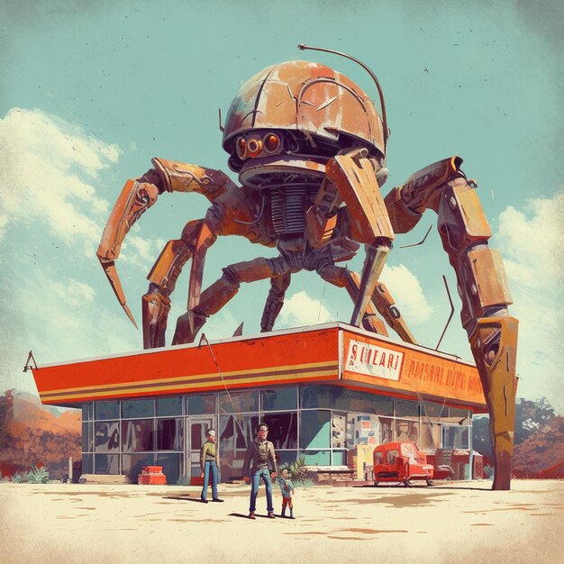 A giant spider sits in front of a store called'pig '