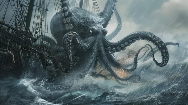 Giant squid Cthulhu is moving up side of whaling ship on misty day in rough sea Cthulhu is submerged with its large eyes of white with black pupils are showing