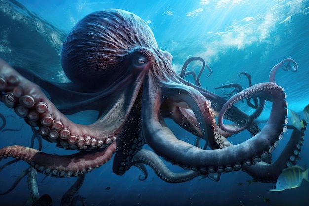 Giant squid wrapping tentacles around giant octopus in epic underwater battle