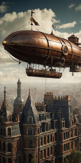 Photo giant steampunk airship flying over a victorianera cityscape showcasing the beauty of retrofuturism