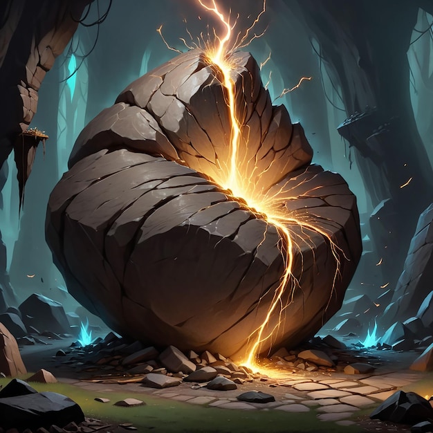 a giant stone with a large ball of lightning in it