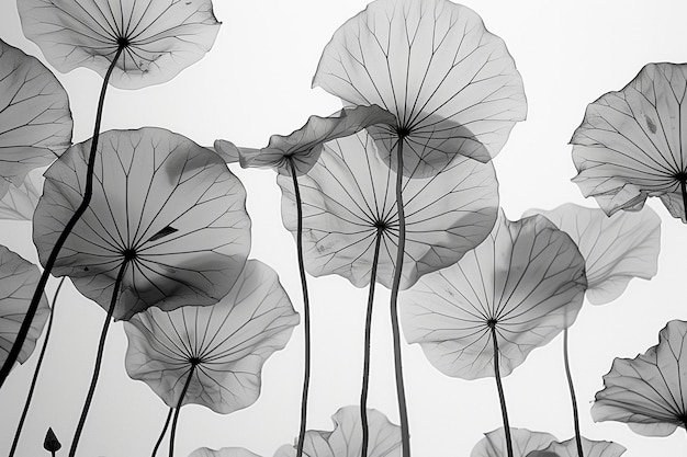 giant stylised black and white xray lilypads seen from below