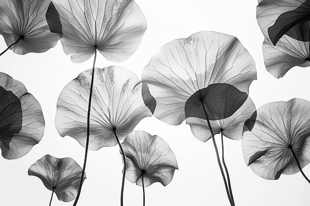 giant stylised black and white xray lilypads seen from below