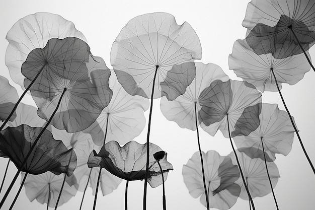 giant stylised black and white xray lilypads seen from below