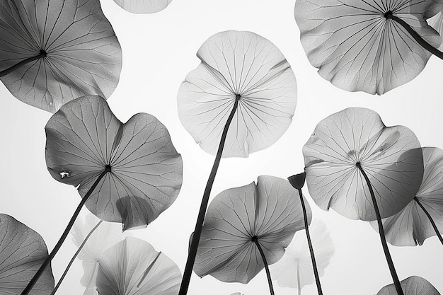 giant stylised black and white xray lilypads seen from below