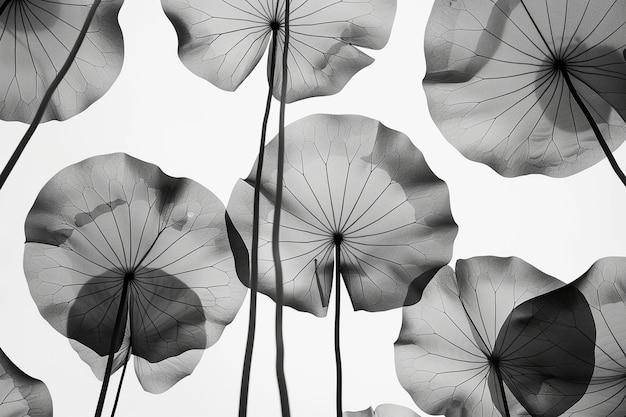 giant stylised black and white xray lilypads seen from below