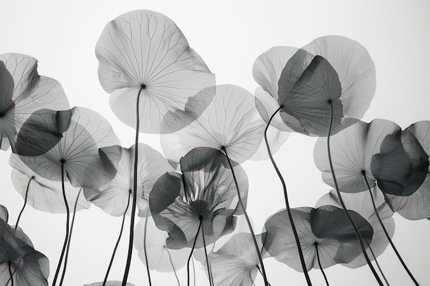 giant stylised black and white xray lilypads seen from below