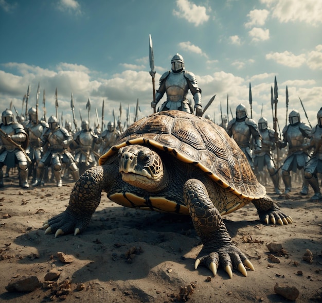 a giant tortoise is standing in the dirt with a sword in his hand