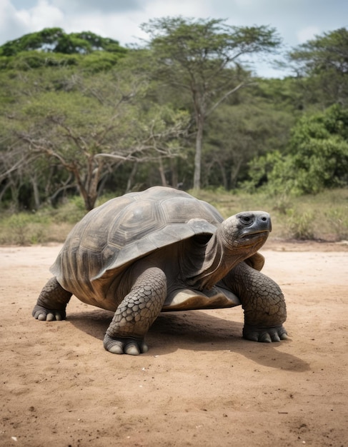 Photo a giant tortoise is standing in the dirt