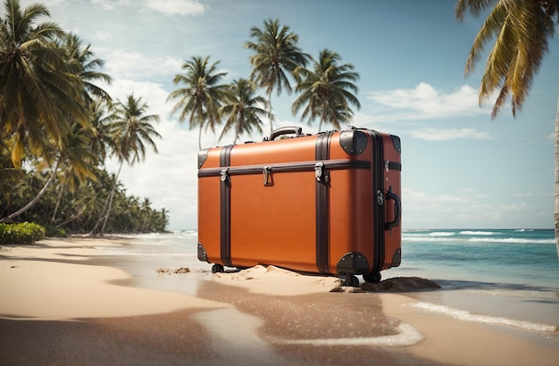 a giant travel suitcase on a beach