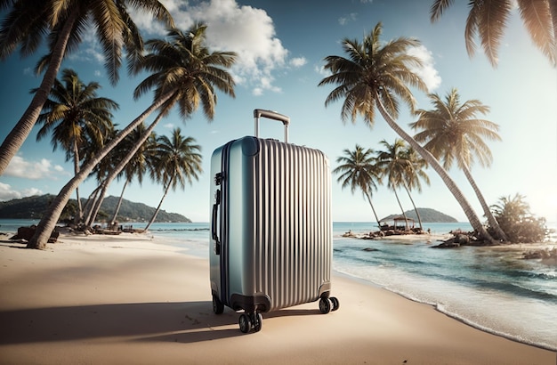 a giant travel suitcase on a beach