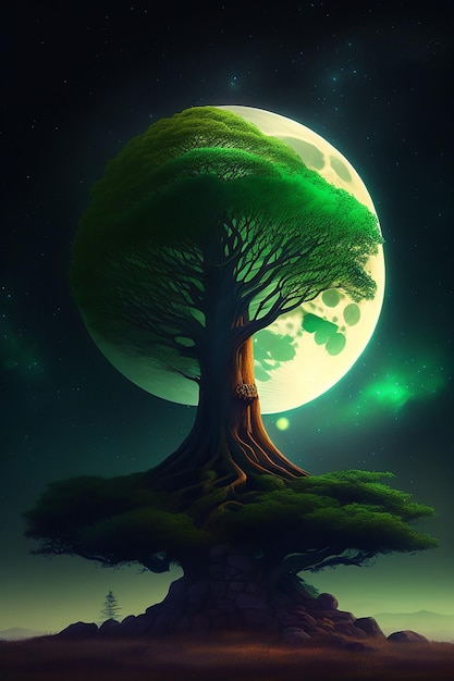 A giant tree with many branches night moon green witchy