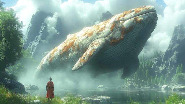 Photo a giant whale suspended in a mystical landscape