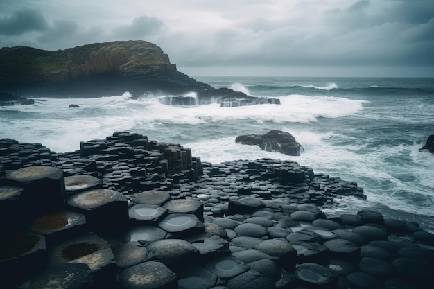 Giants causeway hexagon basalt rock on the sea