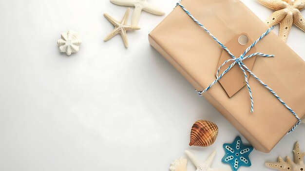 a gift bag with a blue card that says sea shells on it