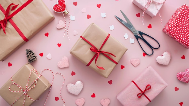 a gift bag with a red ribbon and hearts on it