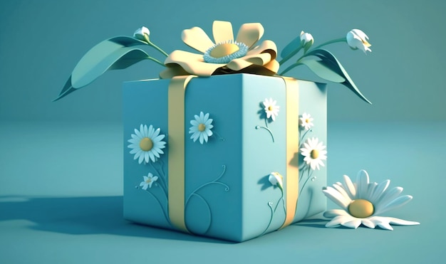 A gift box adorned with a spring flower bow on a blue backdrop