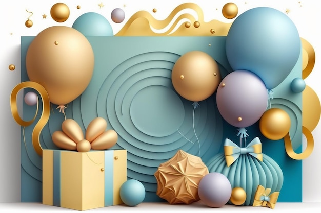 A gift box and balloons on a blue background