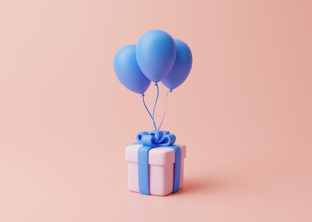 Gift box and balloons on pastel pink background Holiday decoration Festive gift surprise 3D render