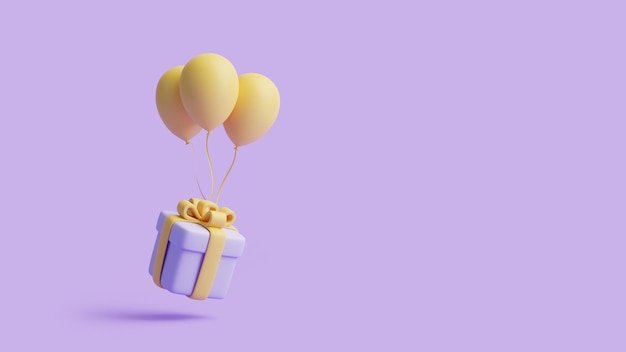 Gift box and balloons on pastel purple background Holiday decoration Festive gift surprise 3D render