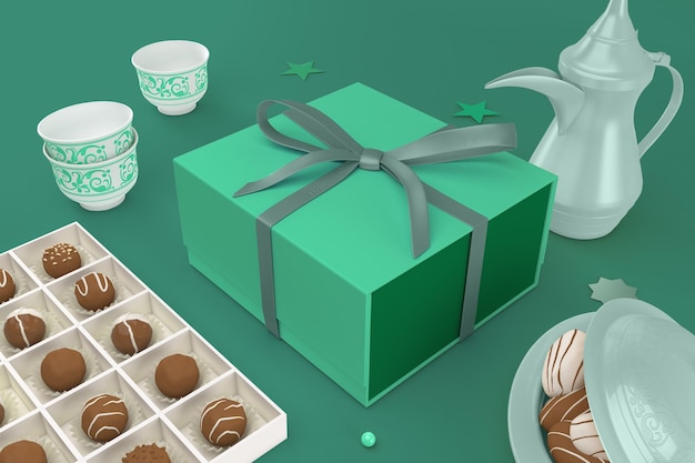 Gift Box and Chocolate Box Right View In Eid Themed Background