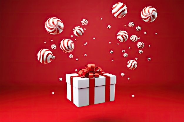 Gift box and Christmas balls levitating or flying on red background AI generative