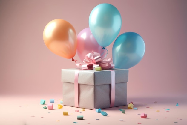 Gift box colorful balloons and ribbon floating pastel background illustration Generative AI