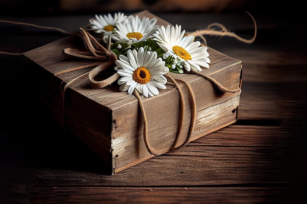 Gift box and daisy flowers on old wooden planks Generative Ai