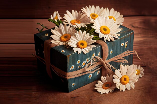 Gift box and daisy flowers on old wooden planks Generative Ai